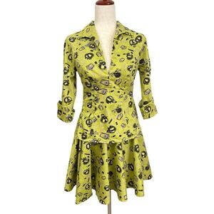 Pinup Couture Lime Green Spooky Skeleton Print 2 Piece Set Top & Skirt Sz S